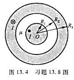 一根同轴线由半径为R1的长导线和套在它外面的内半径为R2外半径为R3的同轴导体圆筒组成（同轴线一根同