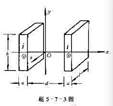 两条平行的汇流排，截面为矩形，如题5－7－3图所示,其中通以大小相等、方向相反的交变电流江。导线宽两