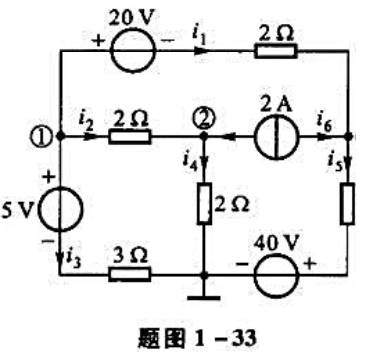 电路如题图1-33所示，已知电位V1=20V，V2=12V和V3=18V。试用观察法求各支路电流。请