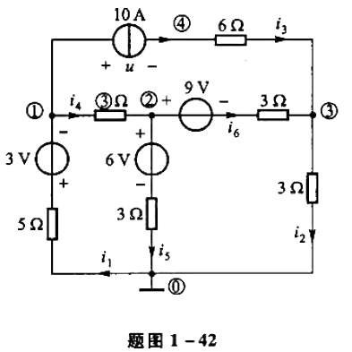 电路如题图1-42所示。（1)试用计算机程序计算各支路电压、电流和吸收功率。（2)试问5Ω电阻改为何
