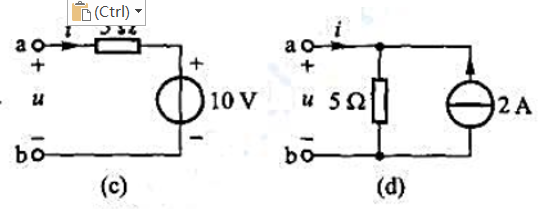 写出题图2-12所示单口网络的电压电流关系，画出等效电路。图2-12写出题图2-12所示单口网络的电