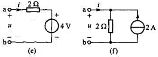 写出题图2-12所示单口网络的电压电流关系，画出等效电路。图2-12写出题图2-12所示单口网络的电