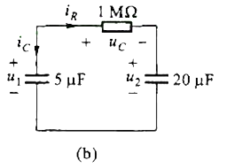 电路如题图8-23所示，已知u2（0_)=0，t=0时开关由a点转换到b点，试求t≥0时的电容电压u