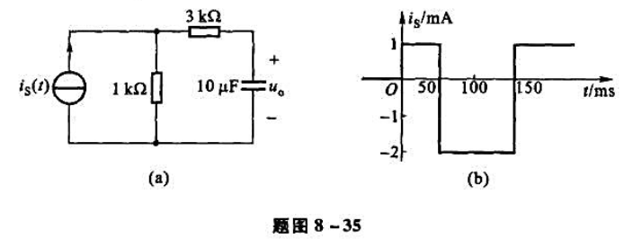 题图8-35（a)所示电路中，电流is（t)的波形如题图8-35（b)所示，试求输出电压uo（t)。