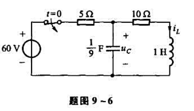 题图9-6所示电路中，开关闭合已经很久，t=0时断开开关，试求t≥0时电容电压uc（t)和电感电流i
