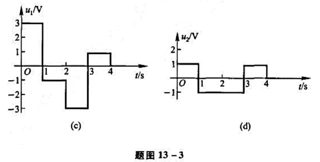 题图13-3（a)所示电路中电流i1和i2的波形如题图13-3（b)所示。试绘出u1和u2的波形。题
