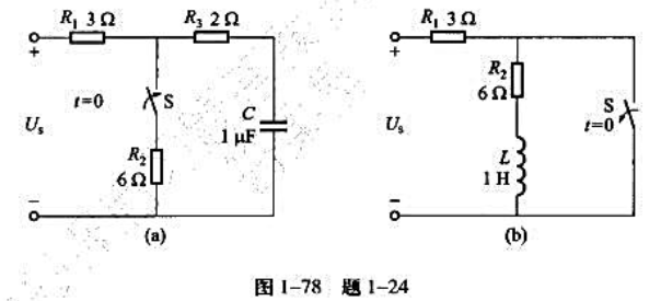在图1-78中，已知R1=3Ω,R2=6Ω,R3=2Ω,C=1μF,L=1H,求各电路的时间常数。请