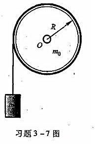 如图所示，质量为m的物体与绕在均质定滑轮上的轻绳相连，定滑轮质量m0=2m，半径为R，转轴光滑，设t