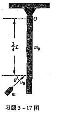 一根质量为m0、长为L的均质细棒自由下垂，并可绕固定轴0在铅直平面内自由转动，如图所示。现有一颗质量