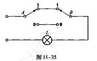 图11-35为在两处控制一盏灯的照明电路，设灯亮为L=1,灯灭为L=0，开关A和B的位置状态定义如图