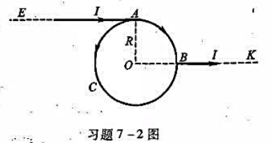 如图所示，两根半无限长载流导线接在圆导线的A、B两点，圆心0和EA的距离为R，且在KB的延长线上，A