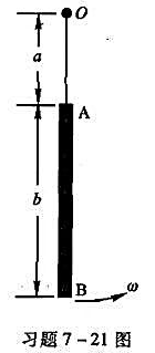 如图所示，有一均匀带电细直导线AB，长为b，带电荷量为dq。此导线绕垂直于纸面的0轴以匀角速度w转动