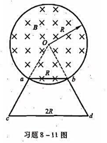 均匀磁场被限制在半径为R的无限长圆柱形空间内，且dB/dt为常量，如图所示。有一梯形导体回路，其中a