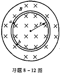 图示的大圆内各点磁感应强度B的大小为0.5T，方向垂直于纸面向里，直每秒钟平均减少0.1T。大圆内有