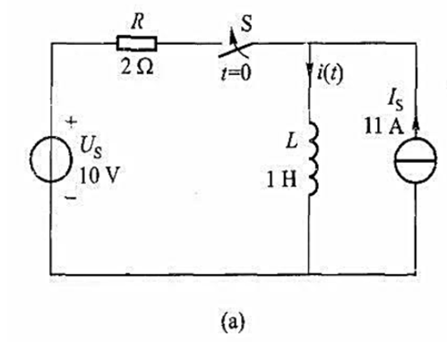 在图2.44（a)（教材图2. 33)所示电路中，已知Us=10 V,Is =11 A,R=2Ω,L