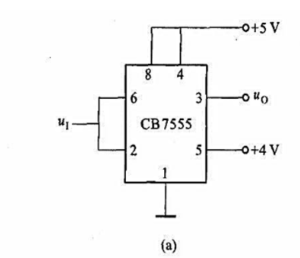 由555定时器构成的施密特触发器如图6. 15（a)（教材图6.06（a))所示。当输人如图6.15