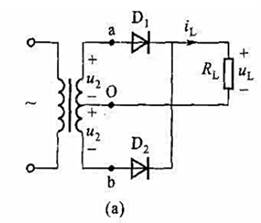 如图 8.4（a)（教材图8.01)所示为变压器二次侧具有中心抽头的两管全波整流电路,设u2= 10