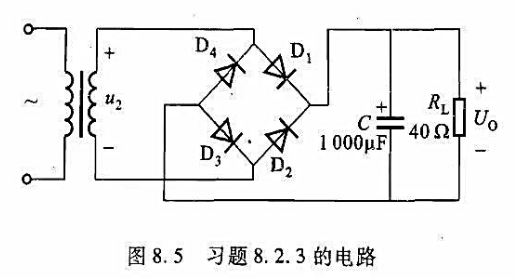 图8.5（教材图8.02)是单相桥式整流电路,带电容滤波。已知变压器二次电压U2=20V,试分析在下