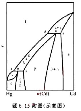 二元凝浆糸统Hg-Cd相图不意如附图（见教材p297)。指出各个相区的稳定相，三相线上的相平衡关系。