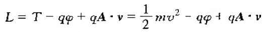 已知一带电粒子在电磁场中的拉格朗日函数L（非相对论的)为，式中v为粒子的速度,m为粒子的质量,q已知