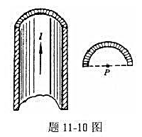 在半径R=1cm的“无限长”半圆柱形金属薄片中，有电流I=5A自下而上地通过，如题11-10图所示。