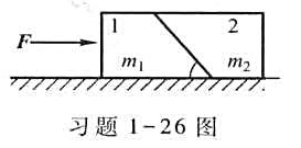有一长方形木块，切成如习题1-26图所示的两块，其质量分别为m1和m2两木块靠在一起平放在桌面上，以