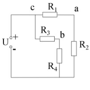 如图所示的电路中，已知U=3.0伏特，R1=R2，求下列情况下a,b两点的电压。（1) R3=R4（