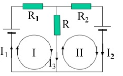 一电路如附图，已知ε1=1.5伏特,ε2=1.0伏特，R1=50欧，R2=80欧，R=10欧，电池的