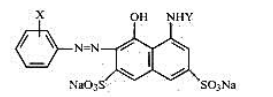 试述酸性染料结构与其应用性能的关系，举例说明提高皂洗牢度的可能途径。分析如下结构中的取代基X、Y对染