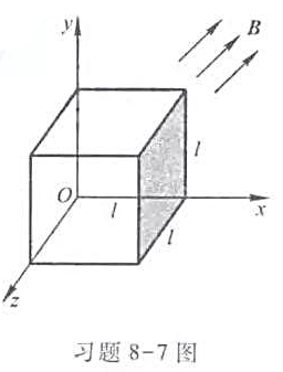 一边长为l=0.15m的立方体如习题8-7图放置,有一均匀磁场B=（6i+3j+1.5k)T通过立方
