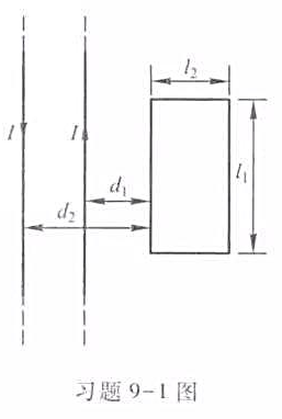 在两条平行长直载流输电导线的平面内,有一矩形线圈，如习题9-1图所示。如两导线中电流同为 ,但方在两