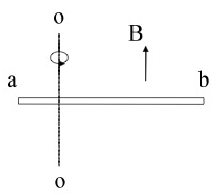 如附图一金属棒长为0.50米水平放置，以长度的1/5处为轴，在水平面内旋转，每秒转两转。已知该处地磁