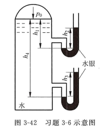 如图3-42所示，两根盛有水银的U形测压管与盛有水的密封容器连接。若上面测压管的水银液面距自由液面的