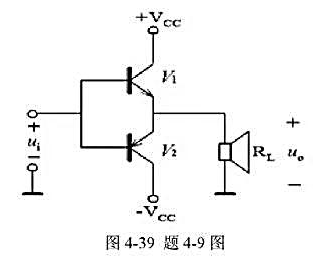 在图4-39功放电路中，已知Vcc=12V,RL=8Ω。ui为正弦电压，求: （1)负载上可能得到的