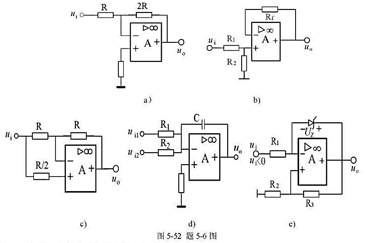 在图5-52所示的电路中，线性组件A均为理想运算放大器（图5-52e电路中，已知运放的最大输出电压大