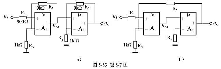 在图5-53所示的两个电路中A1和A2都是理想的集成运放放大器。（1)比较这两个电路在反馈方式上的不