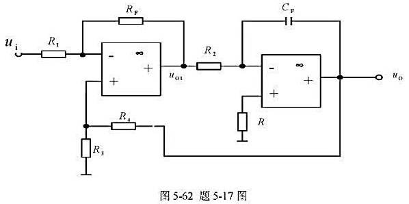 电路见图5-62，已知R1=R2=R3=R4=RF，求输出电压U0与输入电压Ui运算关系的微分方程。
