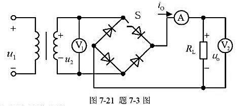 图7-21电路中，二极管为理想元件，U1为正弦交流电压，已知交流电压表V1的读数为100V，负载电阻