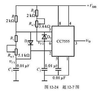 图 12-24所示是CC7555构成的另- -种多谐振荡器，图中R=1kΩ。（1)试分析振荡原理，并