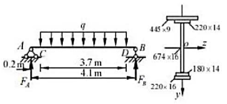 简支梁AB承受如图所示的均布荷载，其集度q=407kN/m （图a)。梁横截面的形状及尺寸如图b所示