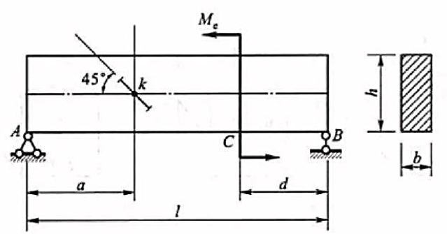 在受集中力偶M，作用矩形截面简支梁中，测得中性层上k点处沿45°方向的线应变为 。已知材料的弹在受集