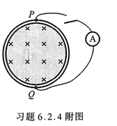 在无限长密绕螺线管外套一个合金圆环，圆心在轴线上,圆平面与轴垂直（见附图)。管内磁通随时间以在无限长