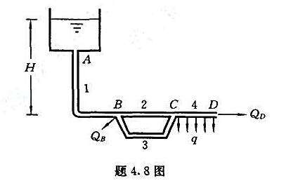 如题4.8图所示,水塔的供水管道ABCD为铸铁管。BC段上有并联管道2及管道3。水自D点出流时,要求