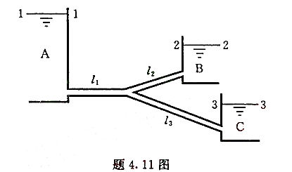 一条分叉管路连接水池A、B、C,如题4. 11图所示。设1、2、3段管道的直径及长度分别为d1 = 