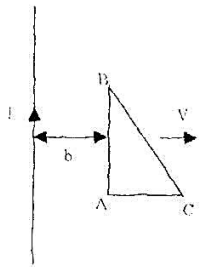 如图，在一载有电流I的无限长直导线旁放一直角三角形导体框ABC以速度V水平向右运动，长直导线与三角形