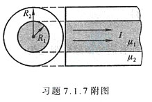 层绝对磁导率为μ2的圆筒形不导电均匀磁介质,其外半径为R2（见附图)，以外为空气。求:（1)各区的磁