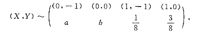 设二维随机变量（X,Y)的分布律为且随机事件{X+Y=0}与{X=1}相互独立,求常数a.b的值。设