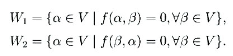 设f为n维线性空间V上的双线性函数,令证明:W1与W2都是V的线性子空间，且dimW1=dimW2设
