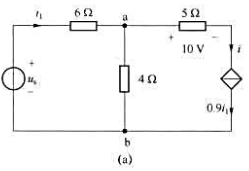 电路如题1-11图所示，试求（1)图（a)中电流i1和电压uab;（2)图（b)中电压ucb。电路如