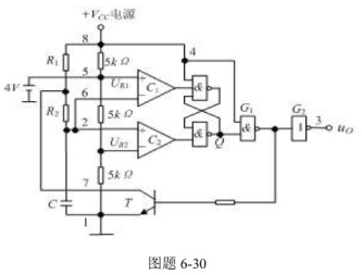 555组成的多谐振荡器电路，电压控制端Uc-o=4V时的电路图如图题6-30所示，试画出输出波形，并